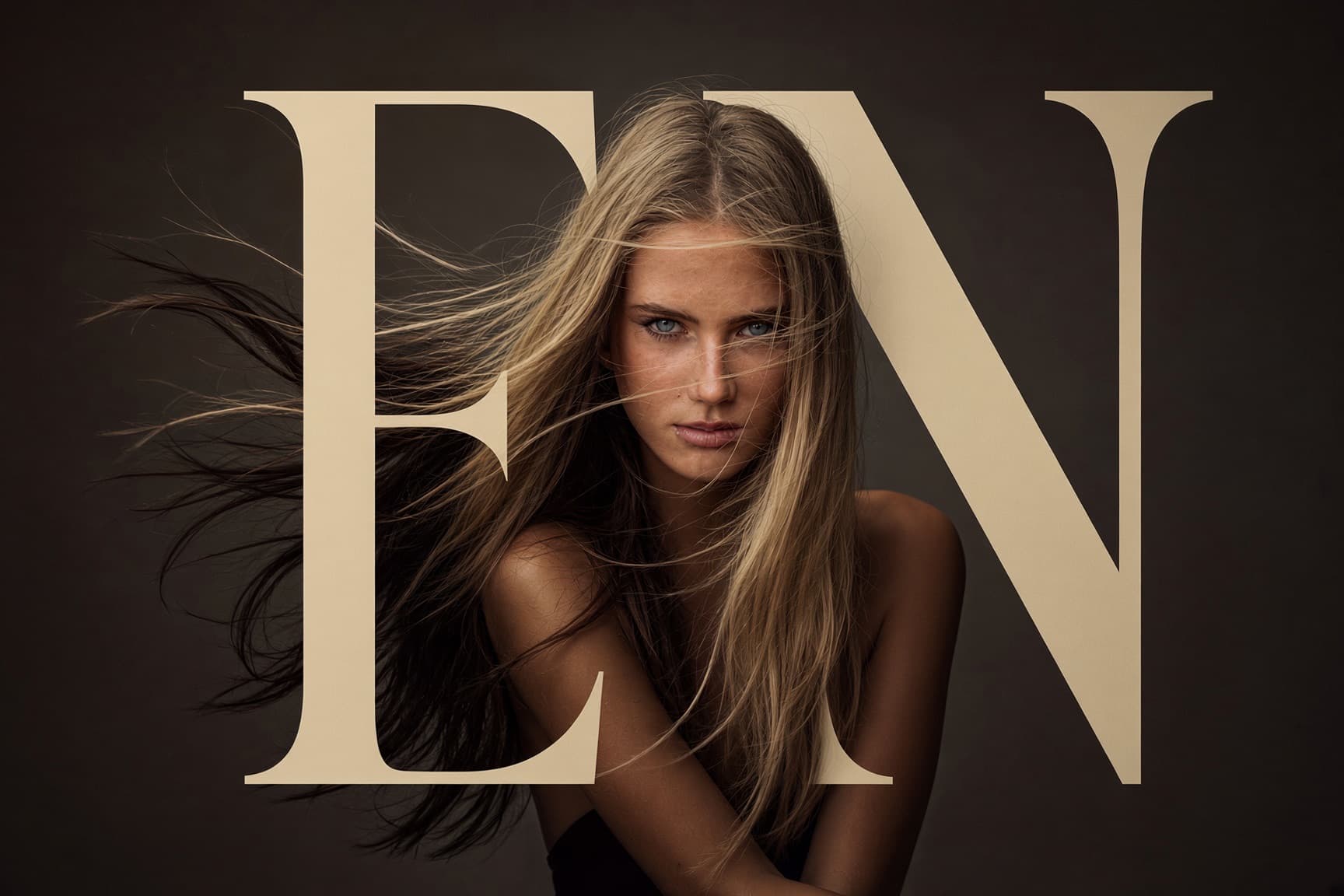 Emilia Niglas, her hair crossing the letters of her EN monogram